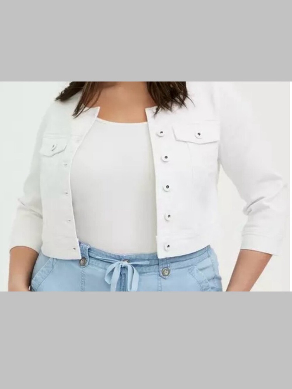 Torrid Cropped Collarless White Denim Jacket 3/4 length sleeve. NWT  Sz 6  N20
